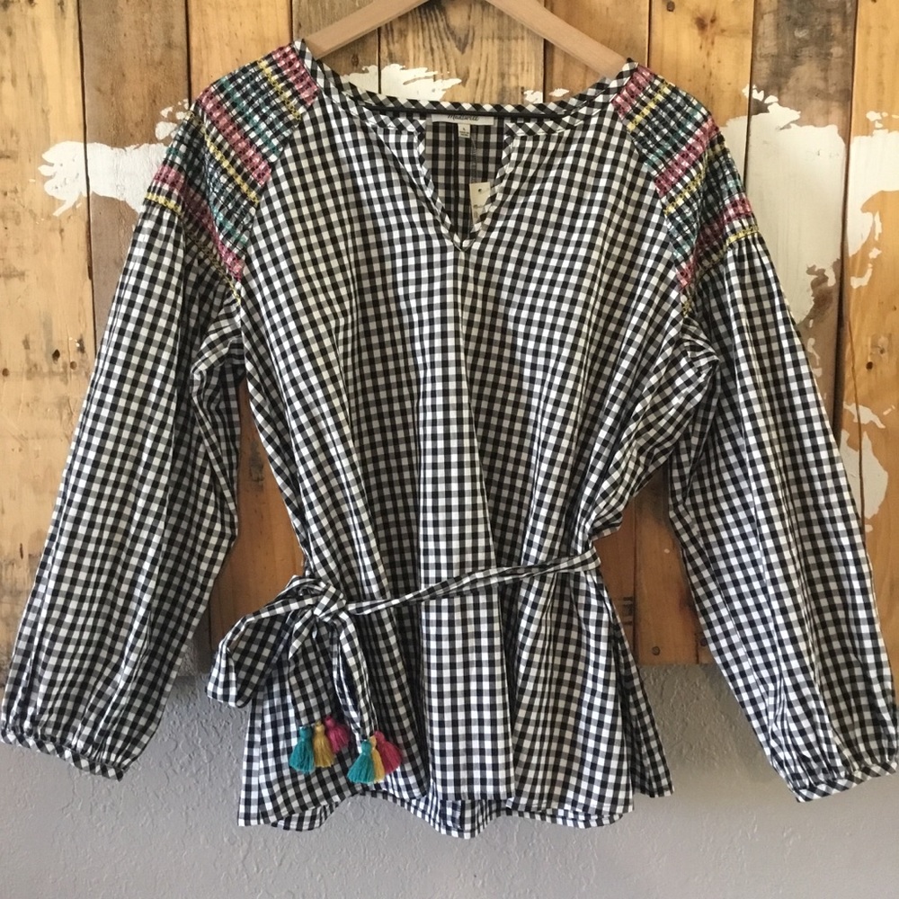 Madewell Smocked Gingham Top with tassel sash